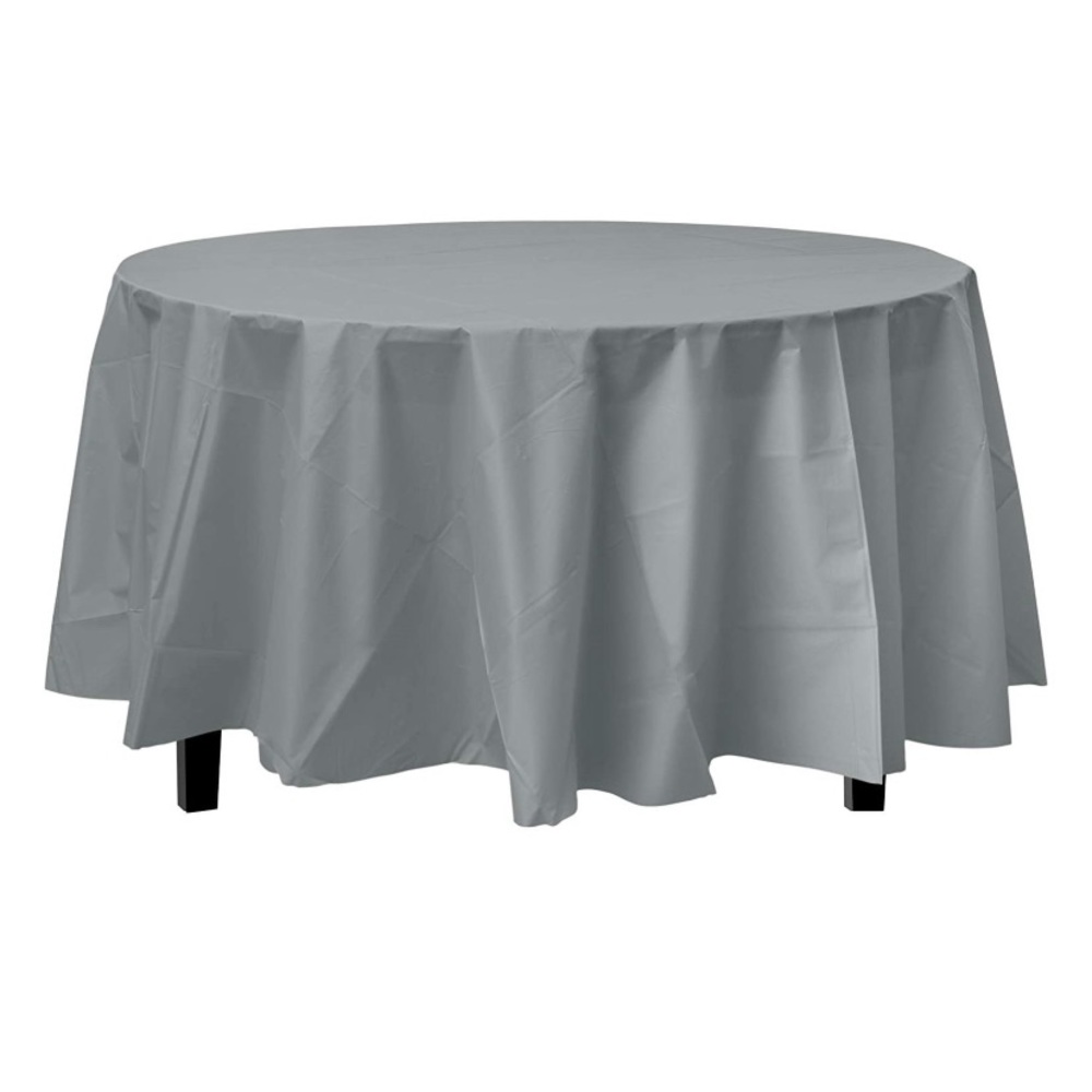 Silver Round Plastic Tablecloth 84” Party Table Cover